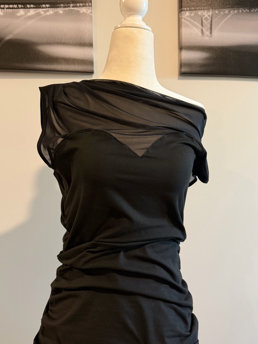 Black One-Shoulder Sheer Yoke Women's Top